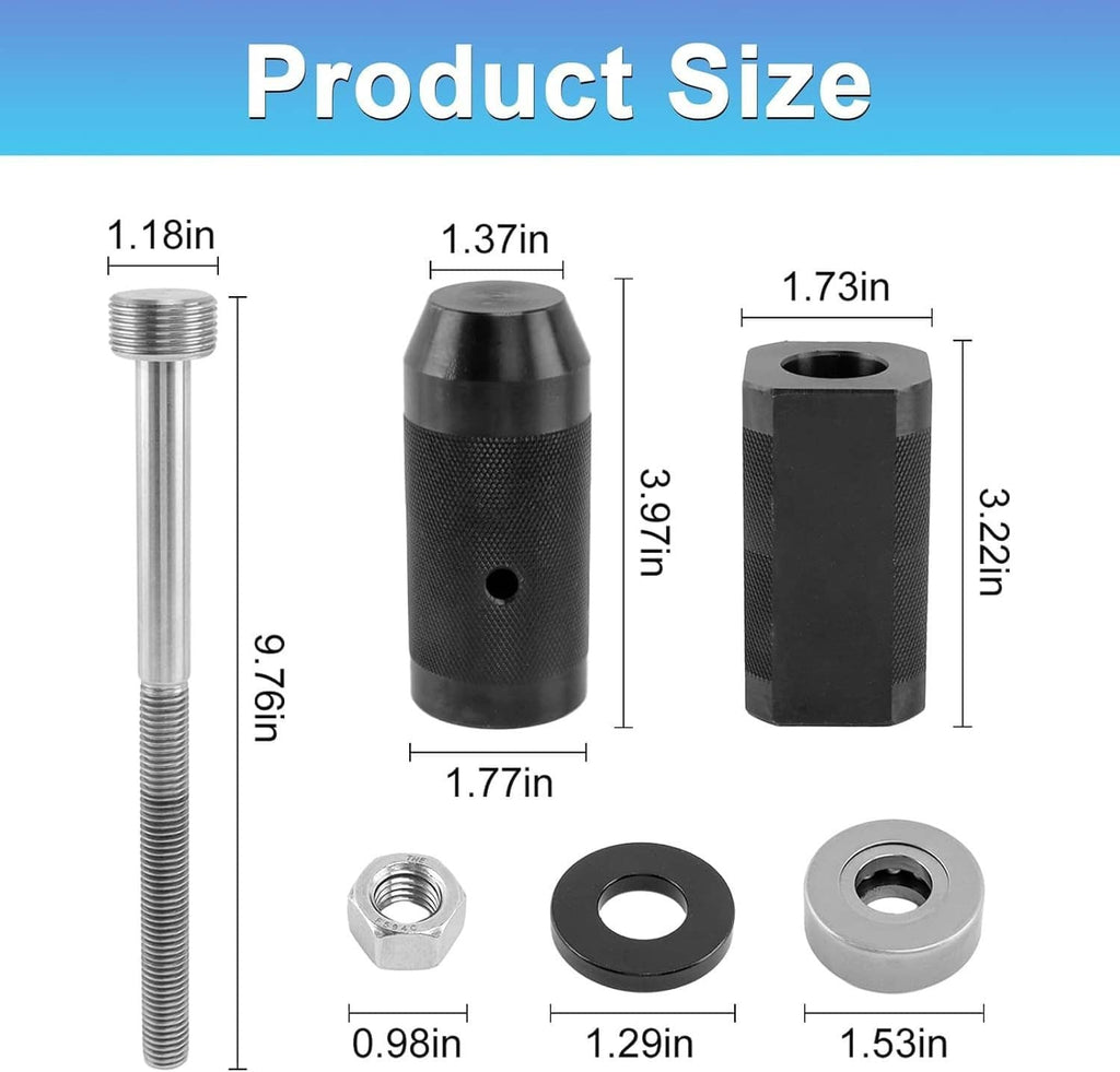 Injector sleeve tool set size chart showing rod length and sleeve dimensions