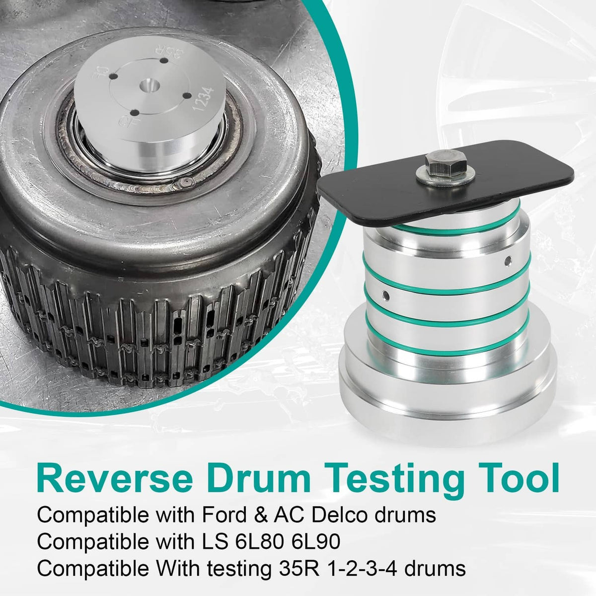 Reverse drum testing tool with black plate and silver stacked rings