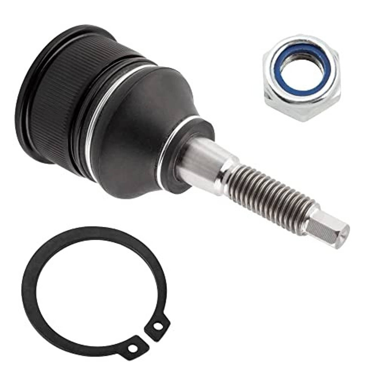 Front upper ball joint with black boot, threaded stud, included nut and retaining ring