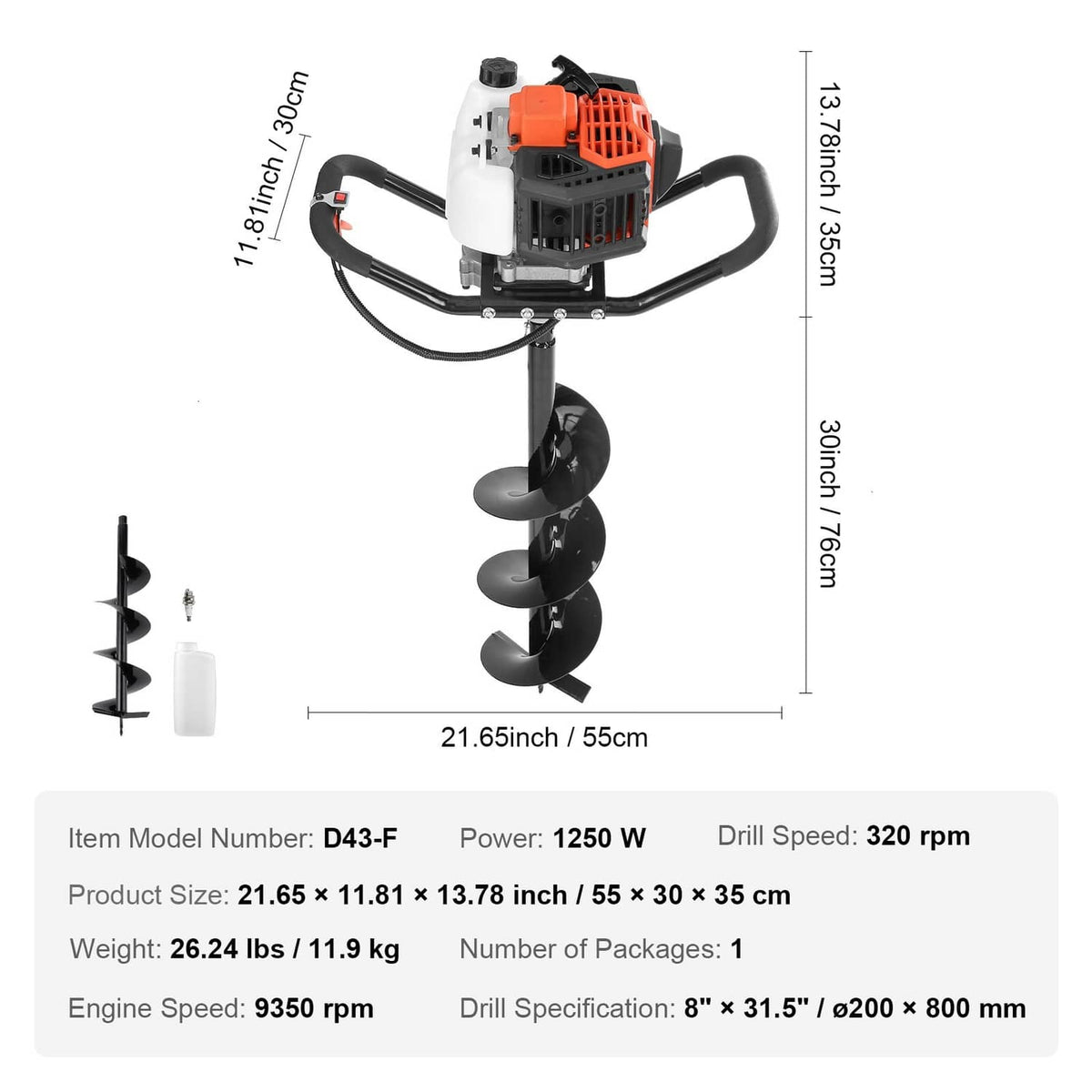Gas powered earth digger with orange engine, black frame, and spiraled auger bit