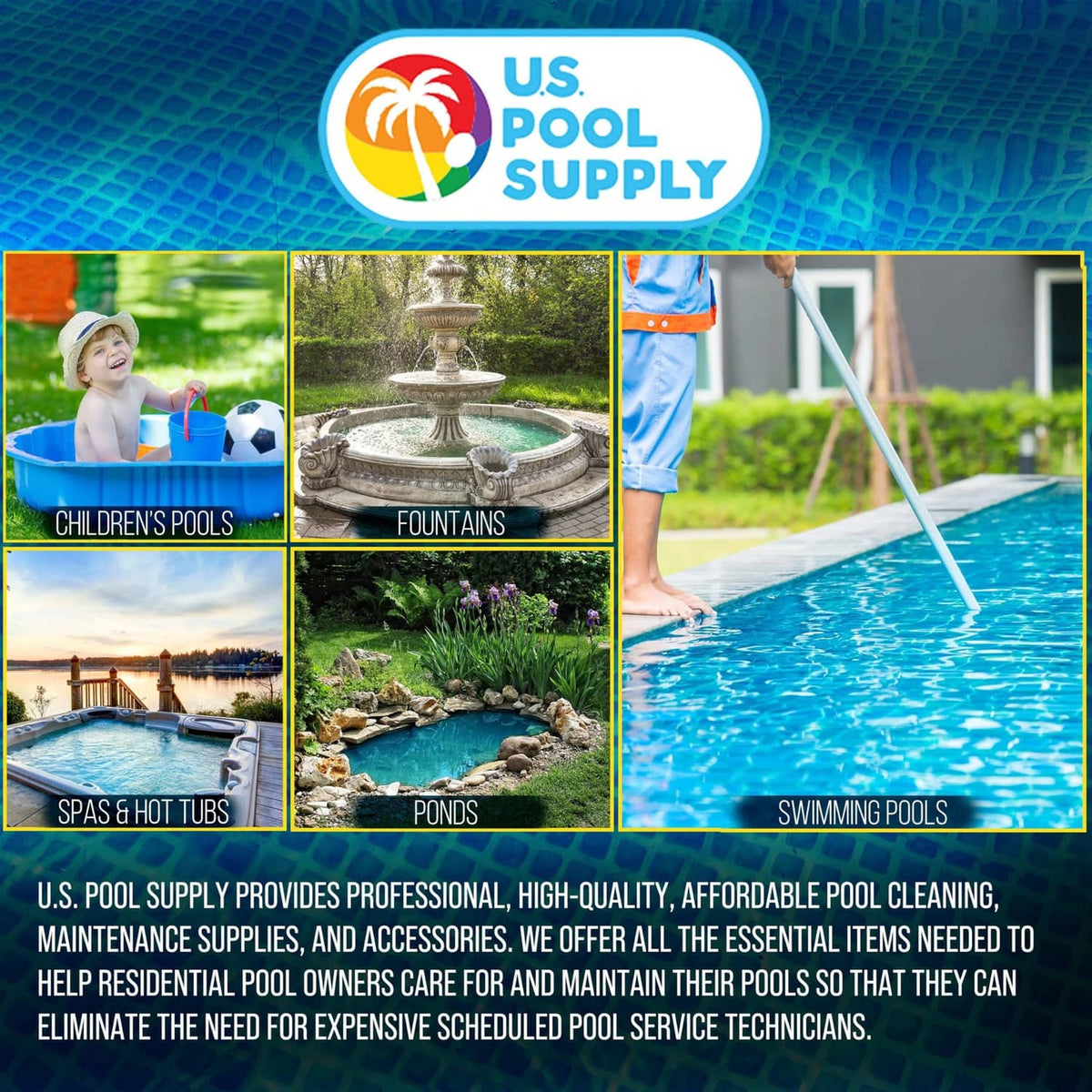 U.S. Pool Supply promotional graphic with logo on blue background