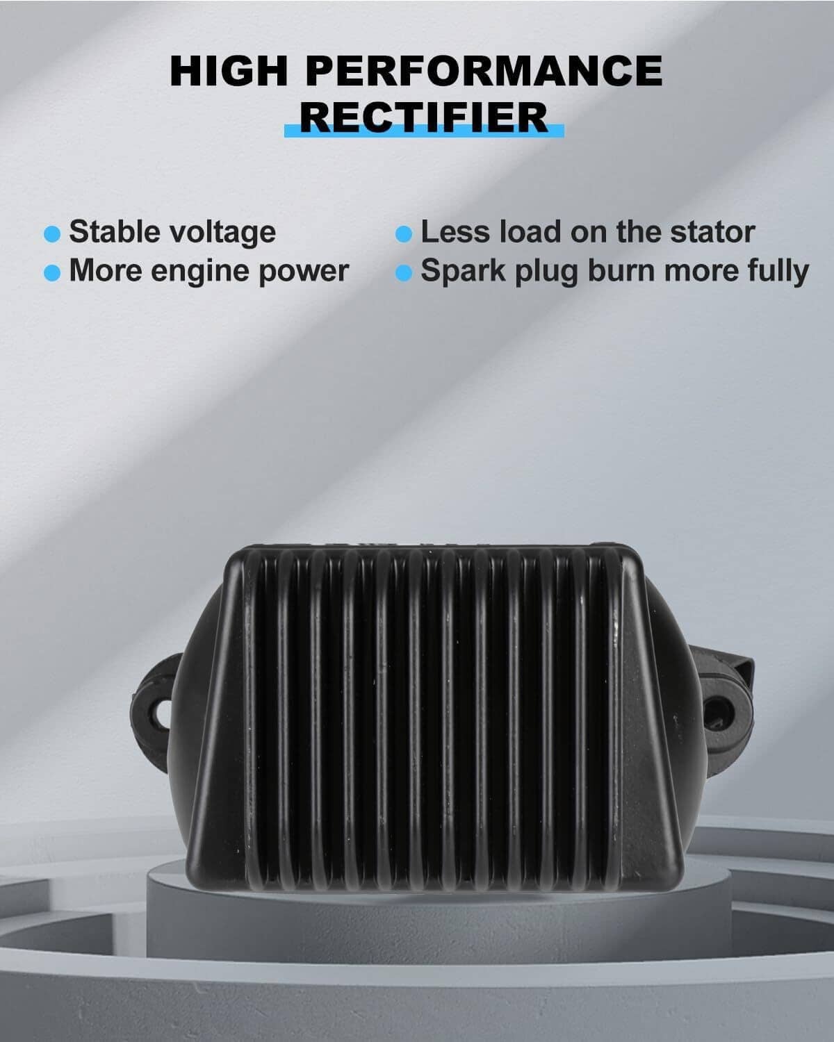 Black high-performance rectifier/regulator module with vertical cooling fins