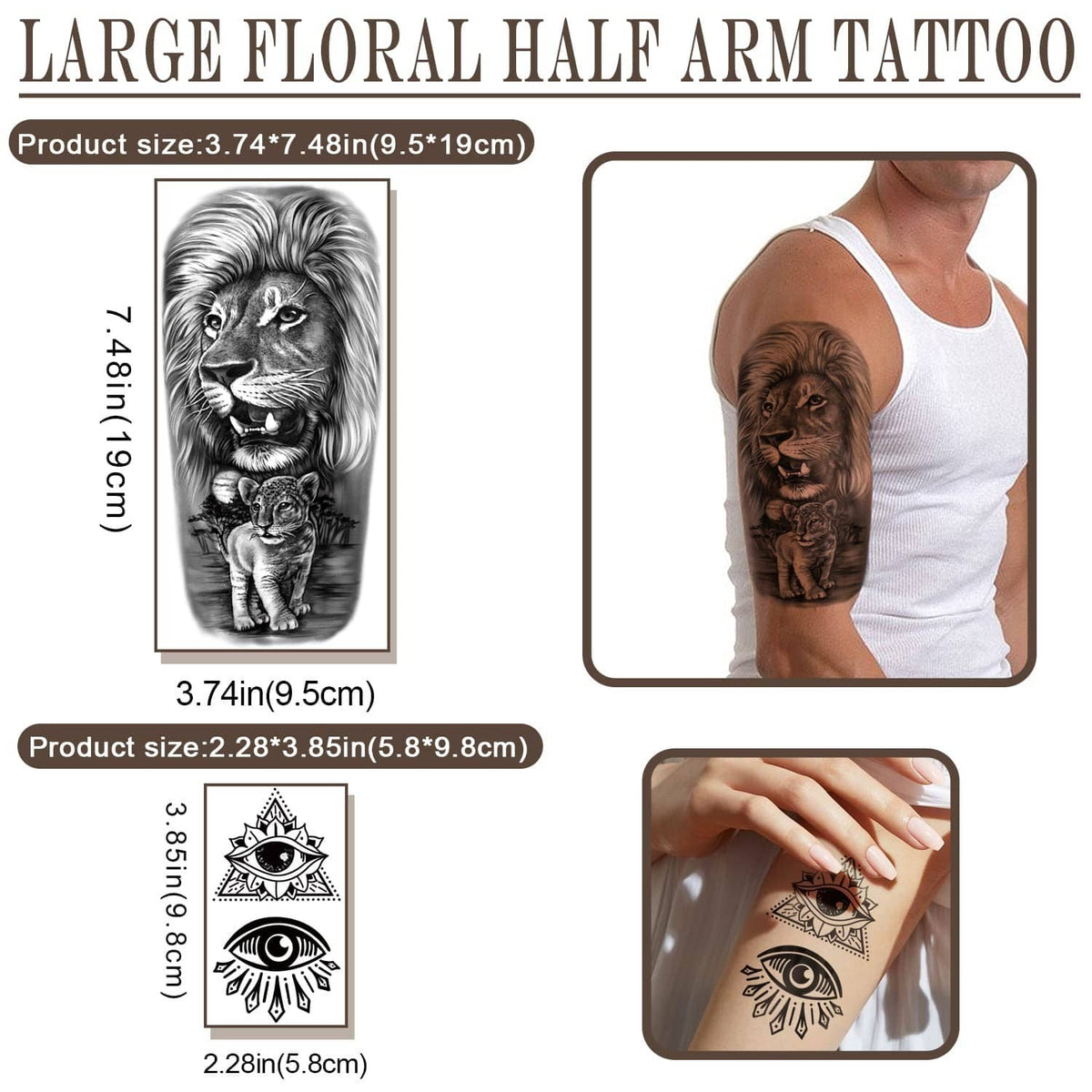 Black temporary floral half-arm tattoo set with lion and eye designs