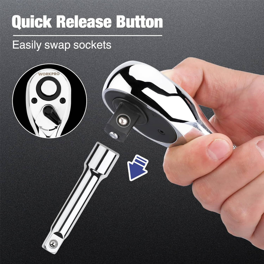 Stubby ratchet wrench with quick-release button for swapping sockets, silver chrome