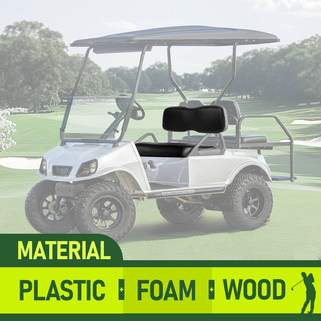 Installed black golf cart seat backrest and bottom cushion