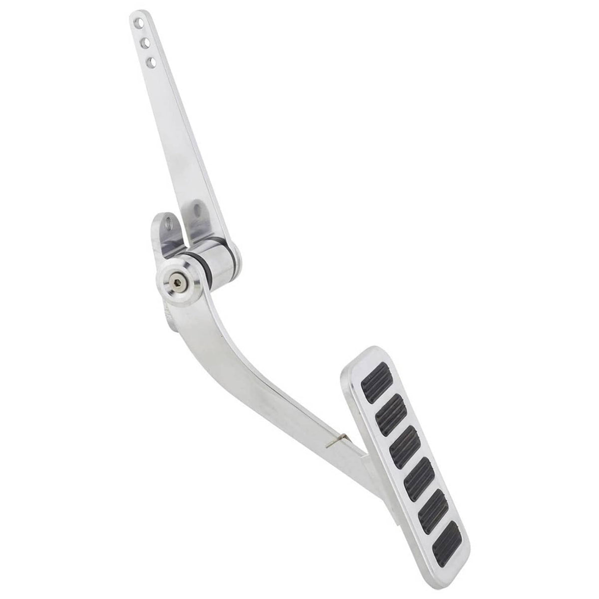 Polished aluminum pedal with black ribbed foot pad and tall wall-mount support