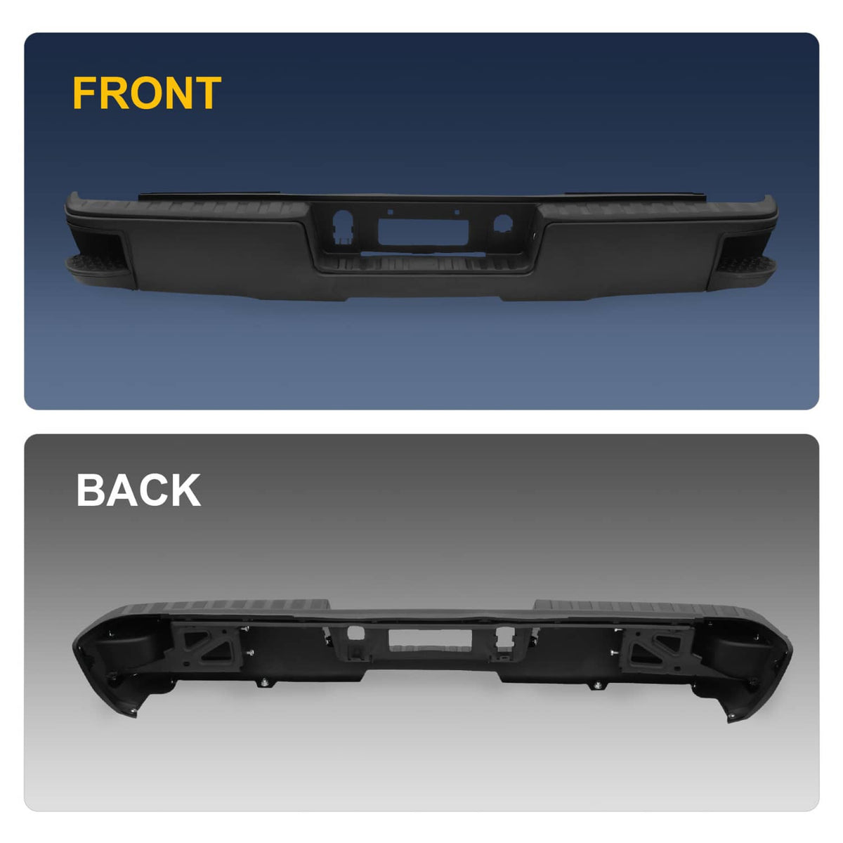 Black rear step bumper cover, front and back view with mounting openings