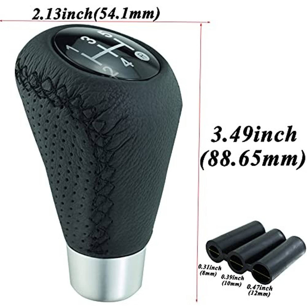 Black leather 5-speed shifter knob with silver base, stitched seam and perforated texture