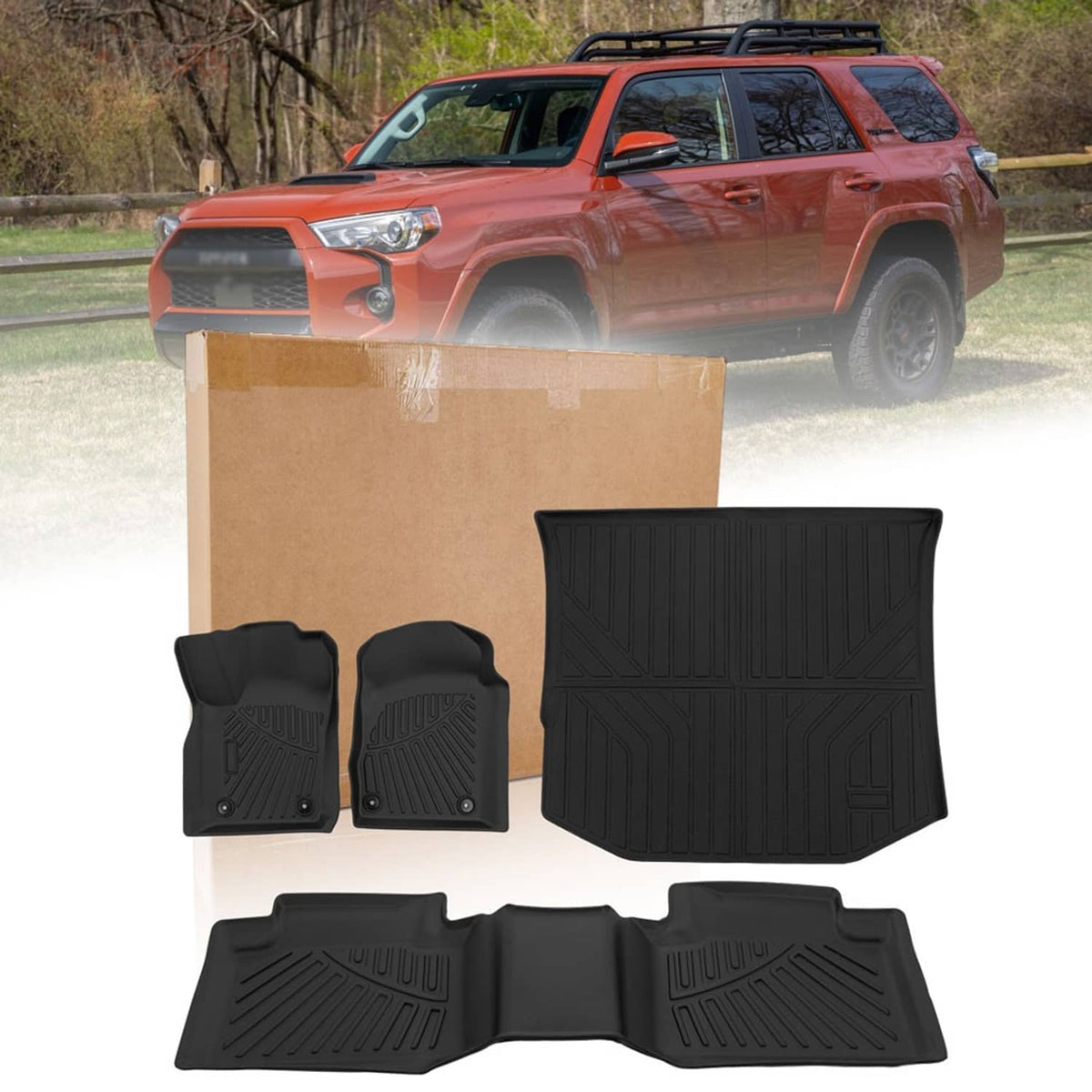 Black TPE floor mats and cargo liner set with raised grip ridges