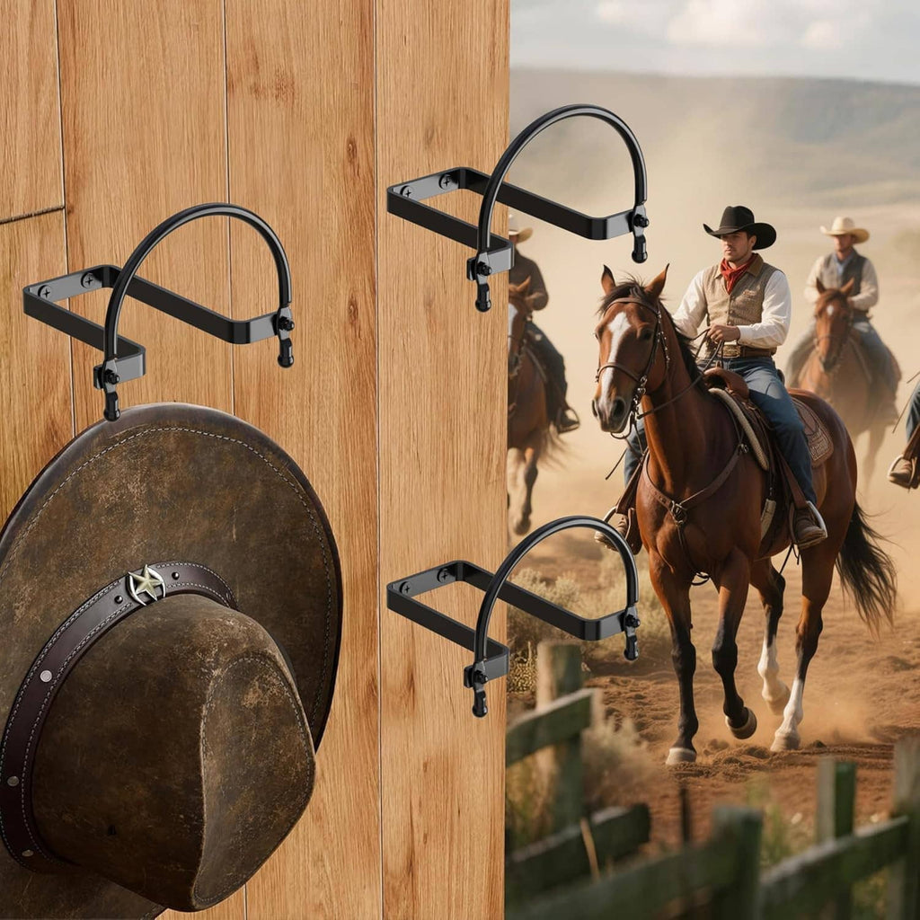 Wall-mounted hat rack with four black hooks holding brown cowboy hats