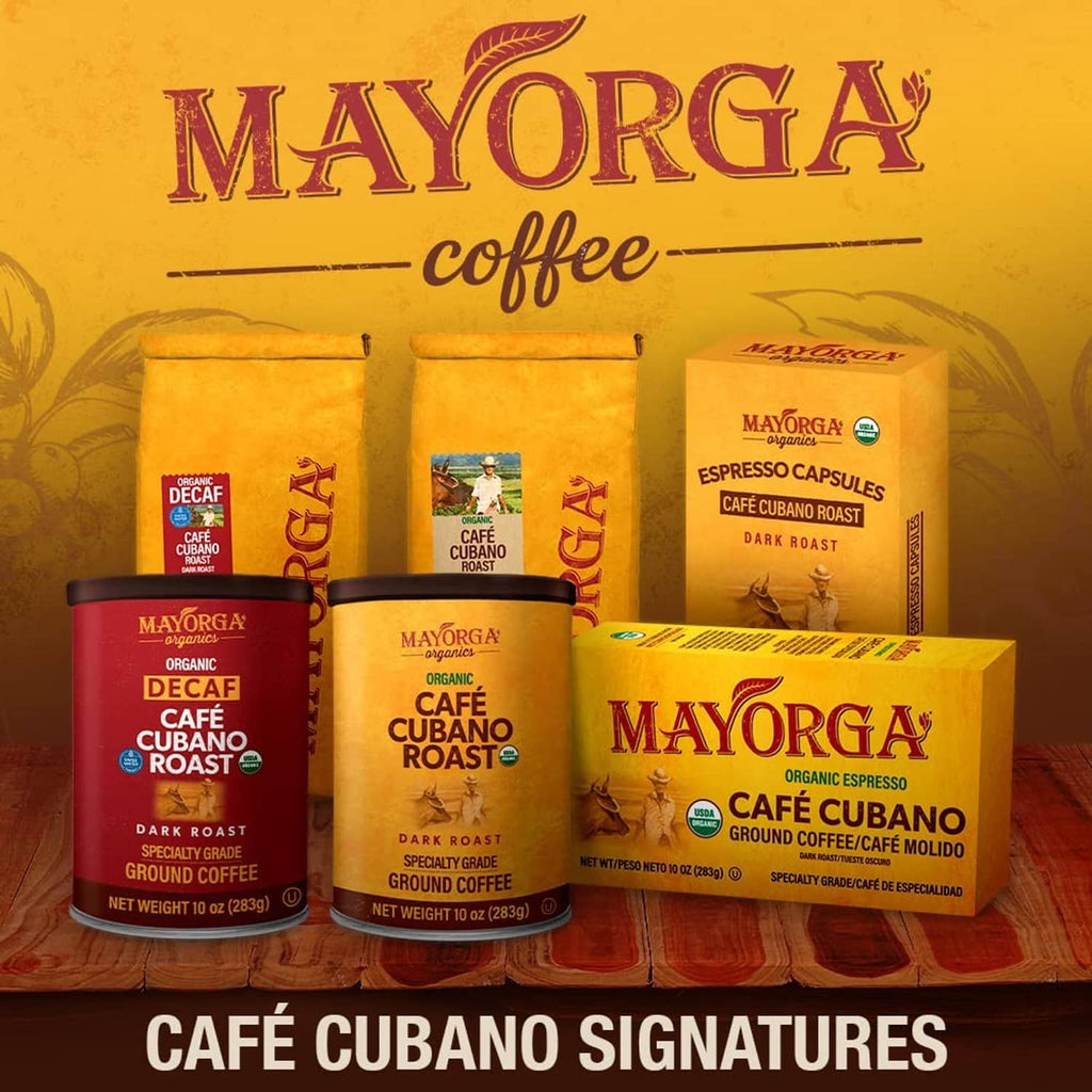 Coffee assortment featuring decaf Cuban roast bags and boxed ground coffee packages