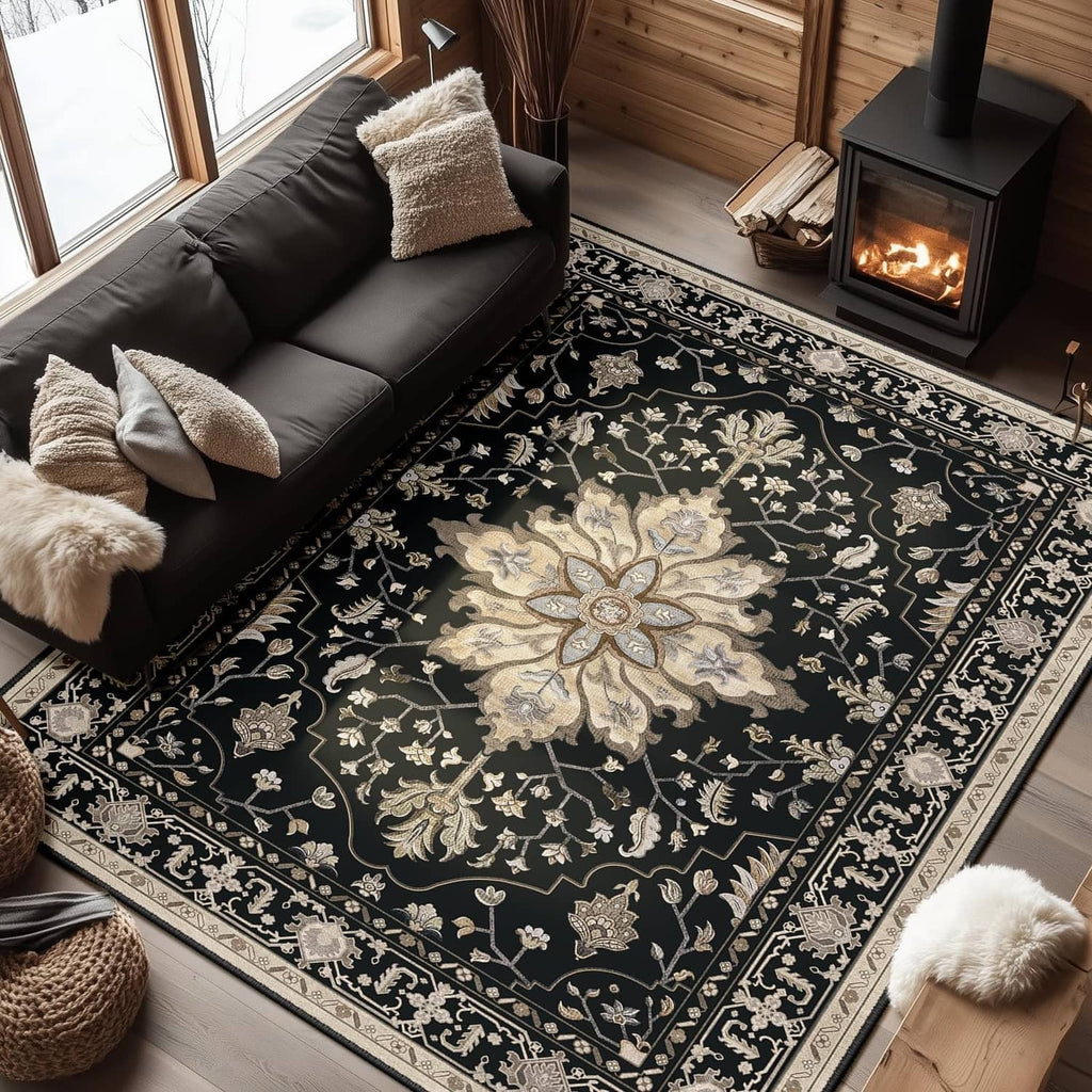 Washable area rug, rectangular black with ornate beige floral medallion pattern