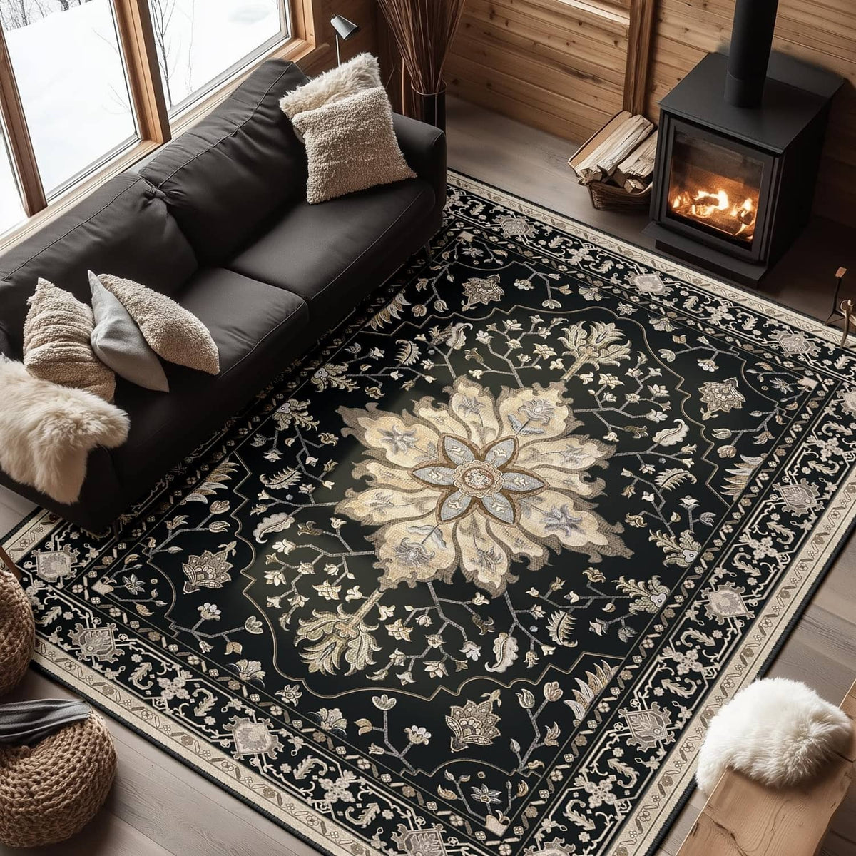 Washable area rug, rectangular black with ornate beige floral medallion pattern