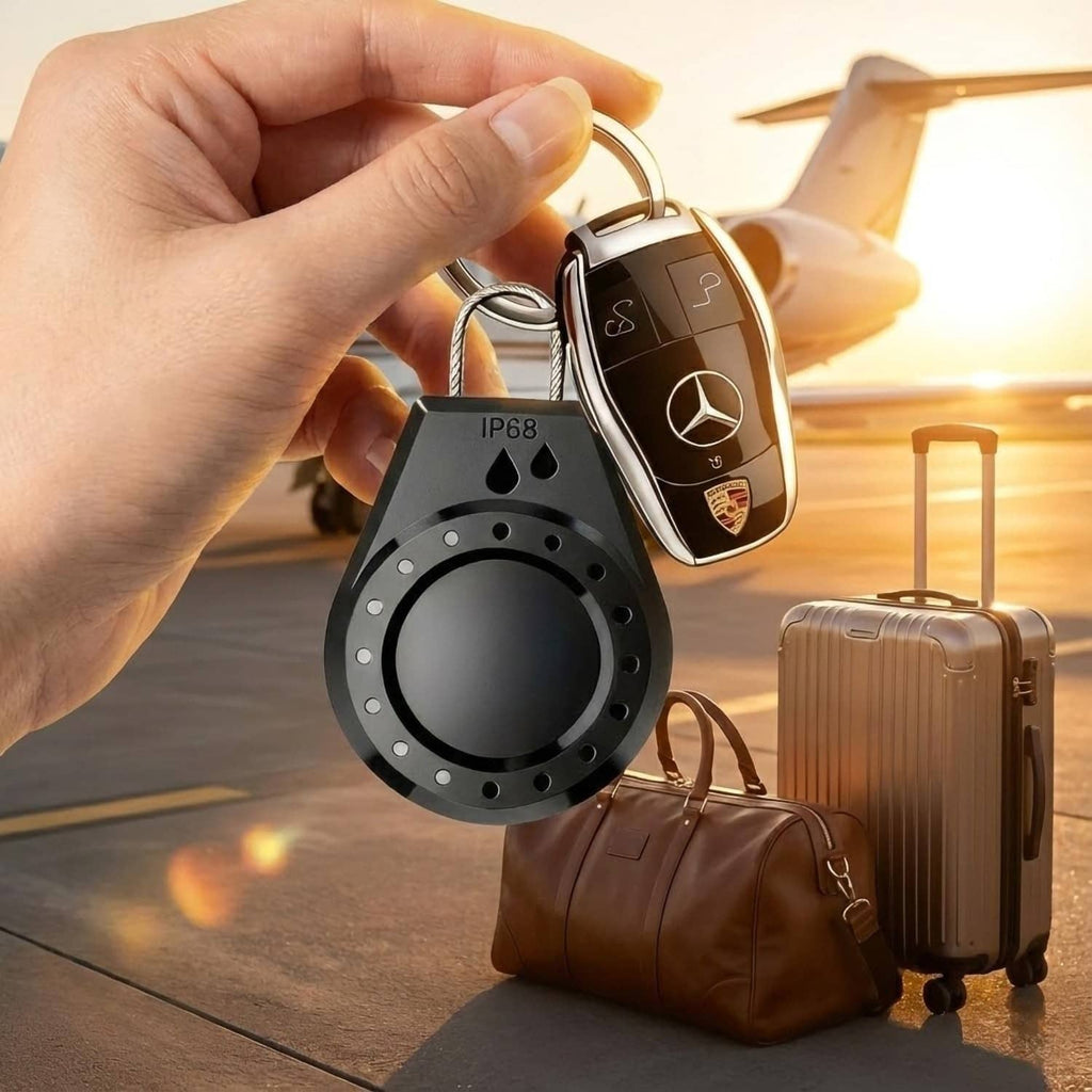Waterproof lockable AirTag holder in hand with key and black cable, padlock body