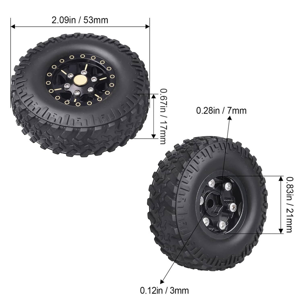 Two black beadlock wheels with thick tread tires, shown from front and side