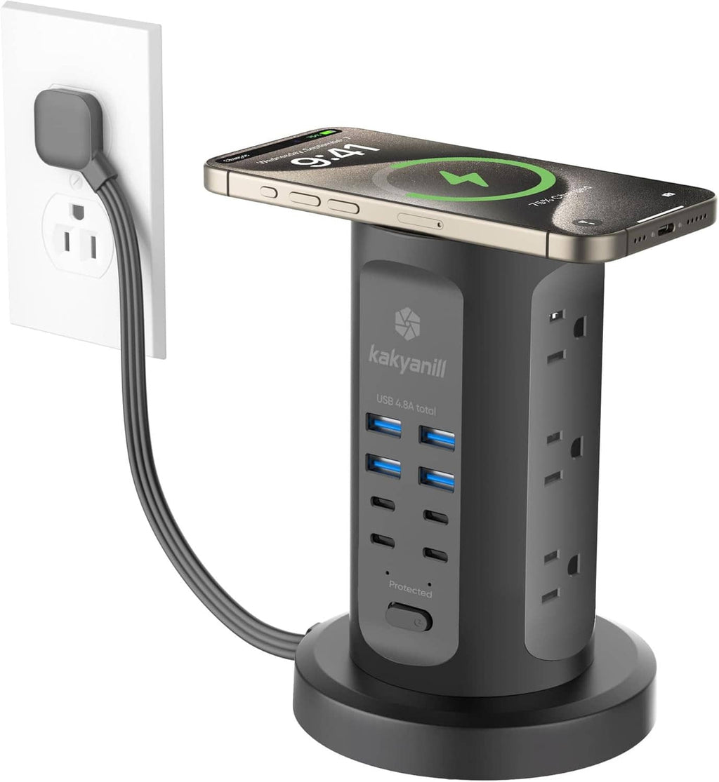 Power strip tower with top charging surface and side AC outlets plus USB ports