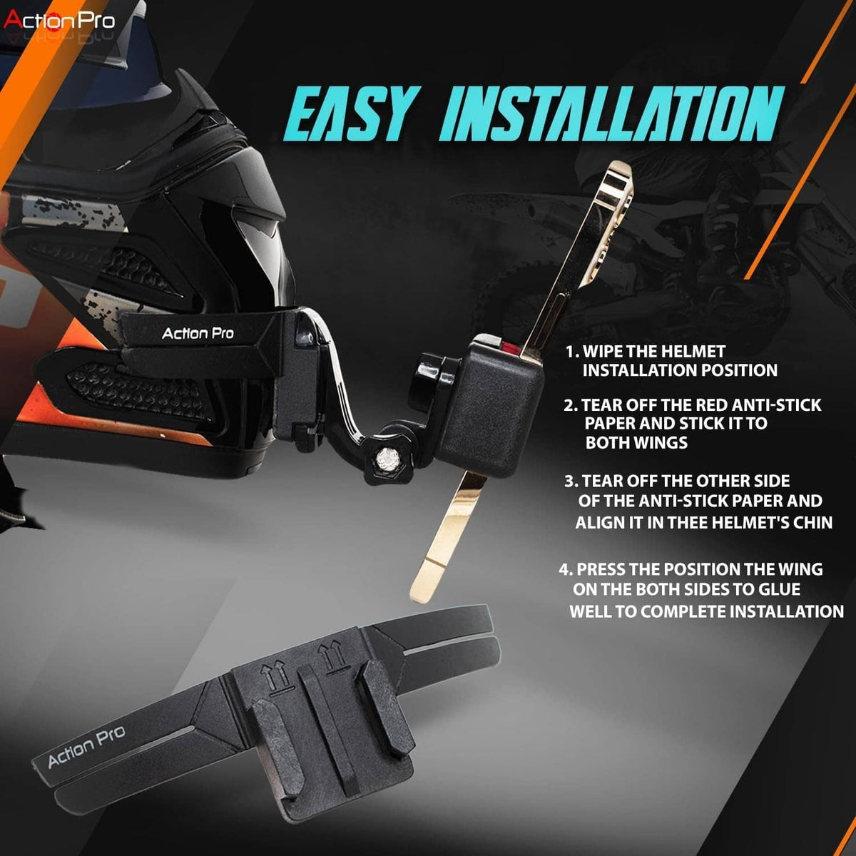 Action Pro helmet chin mount strap device attached to a motorcycle helmet