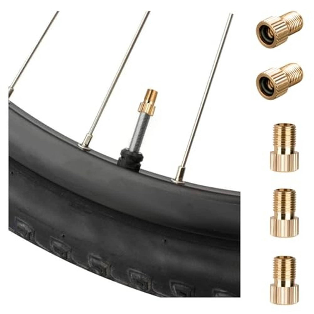 Brass Presta-to-Schrader valve adapter pieces shown with threaded stems for bike tires