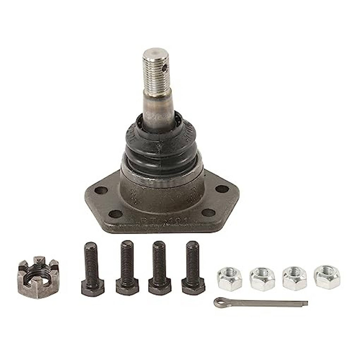 Front upper suspension ball joint kit with flange, threaded stud, nuts, and retaining pin
