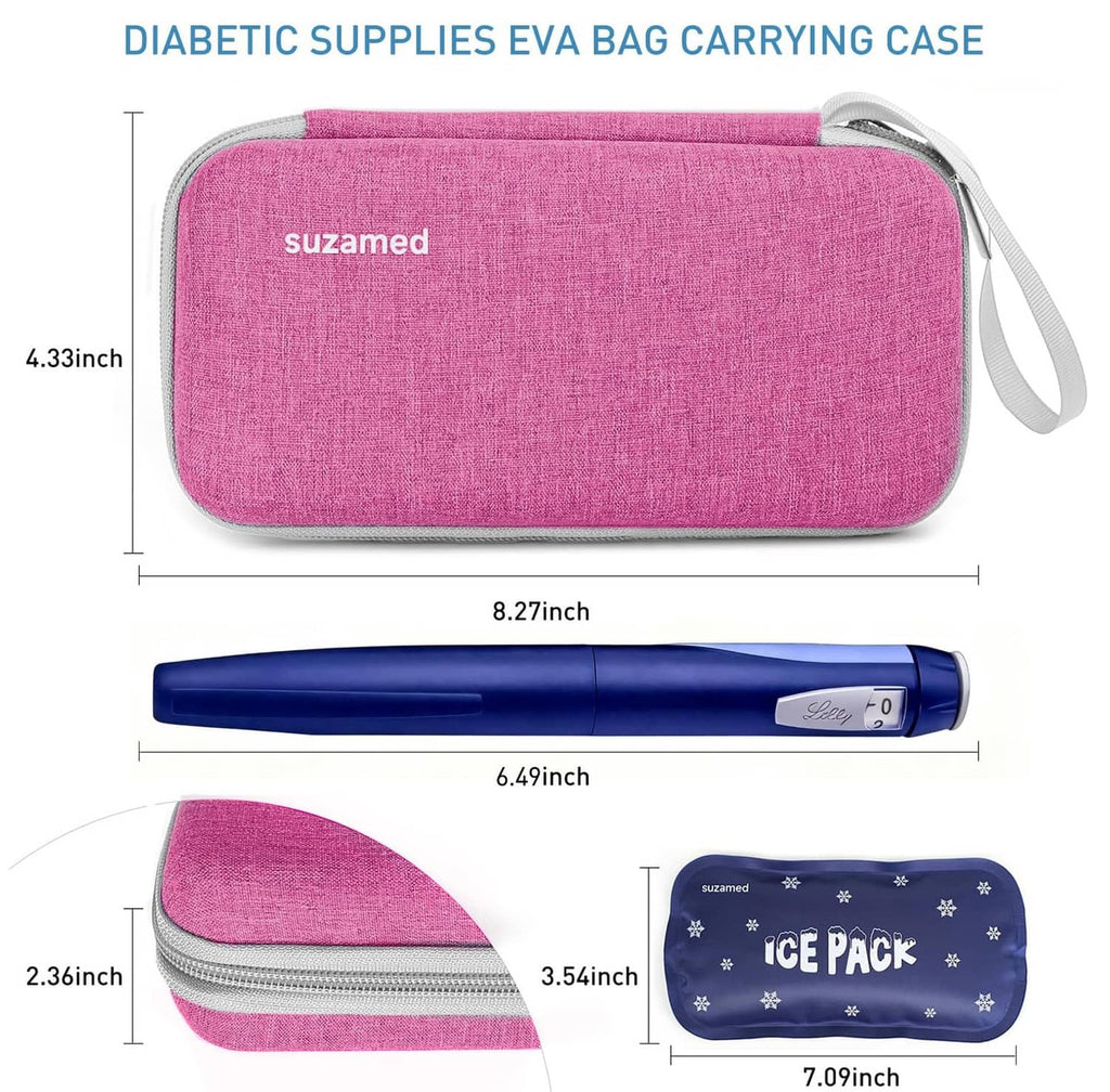 Pink insulin cooler travel case with silver zipper and wrist strap, compact size