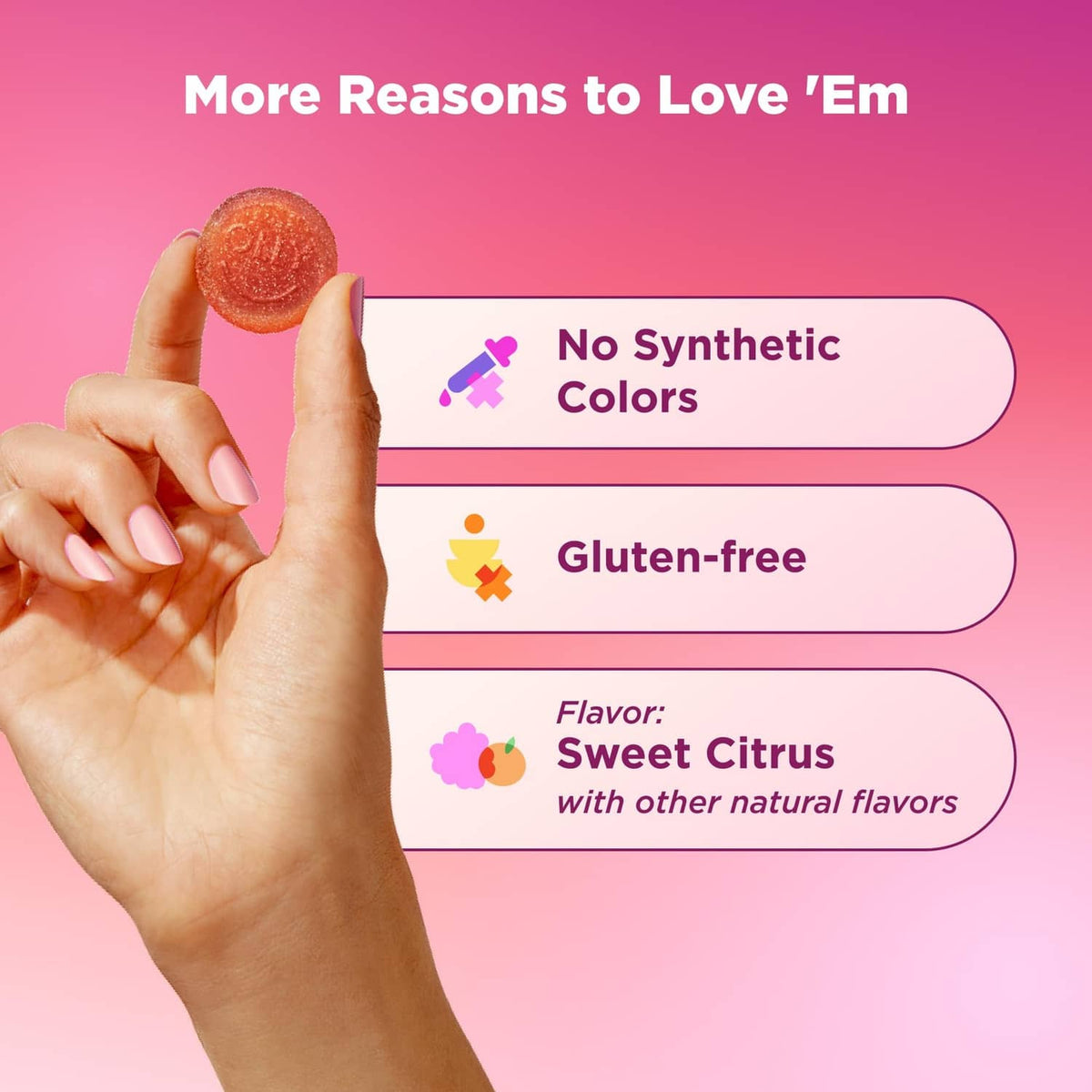 Prenatal gummy label highlights: no synthetic colors, gluten-free, sweet citrus flavor