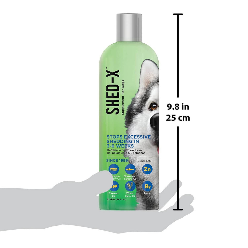Shed-x liquid dog supplement bottle, green bottle with silver cap shown upright