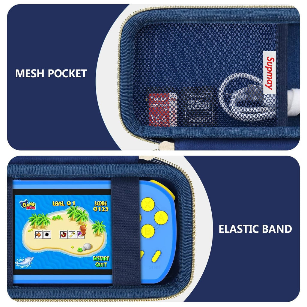 Blue carrying case with mesh pocket and elastic band inside, opened