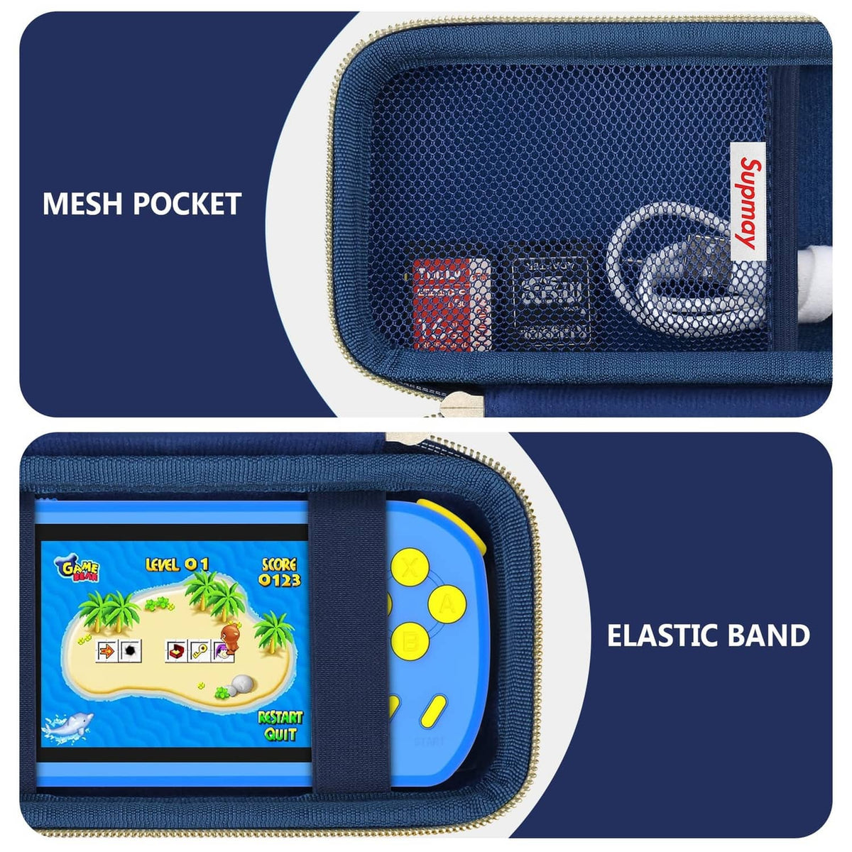 Blue carrying case with mesh pocket and elastic band inside, opened