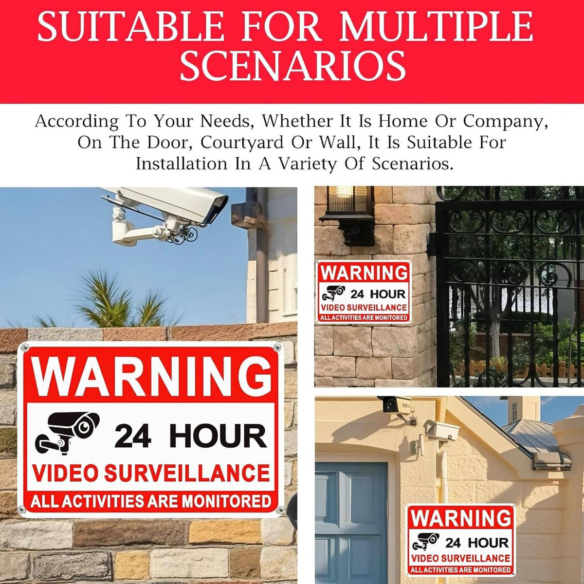 Video surveillance warning sign shown on door and fence for outdoor security use