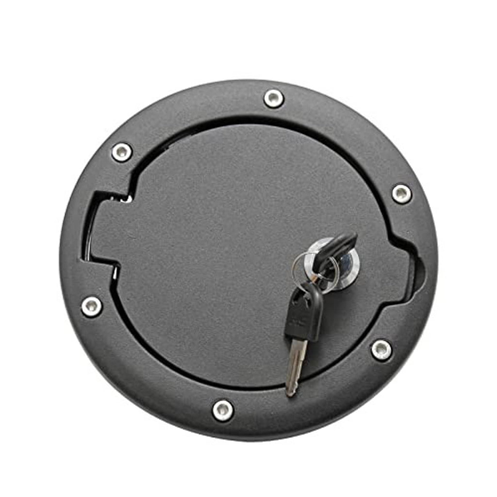 Round fuel tank filler cap cover with locking key, dark gray metal and screw holes