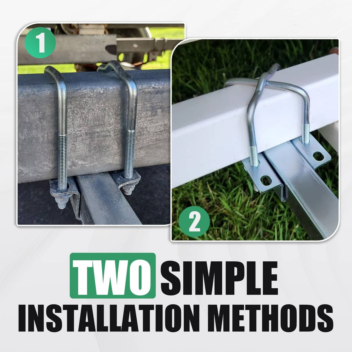 Guide-on bunk board hardware with galvanized brackets and mounting bolts shown