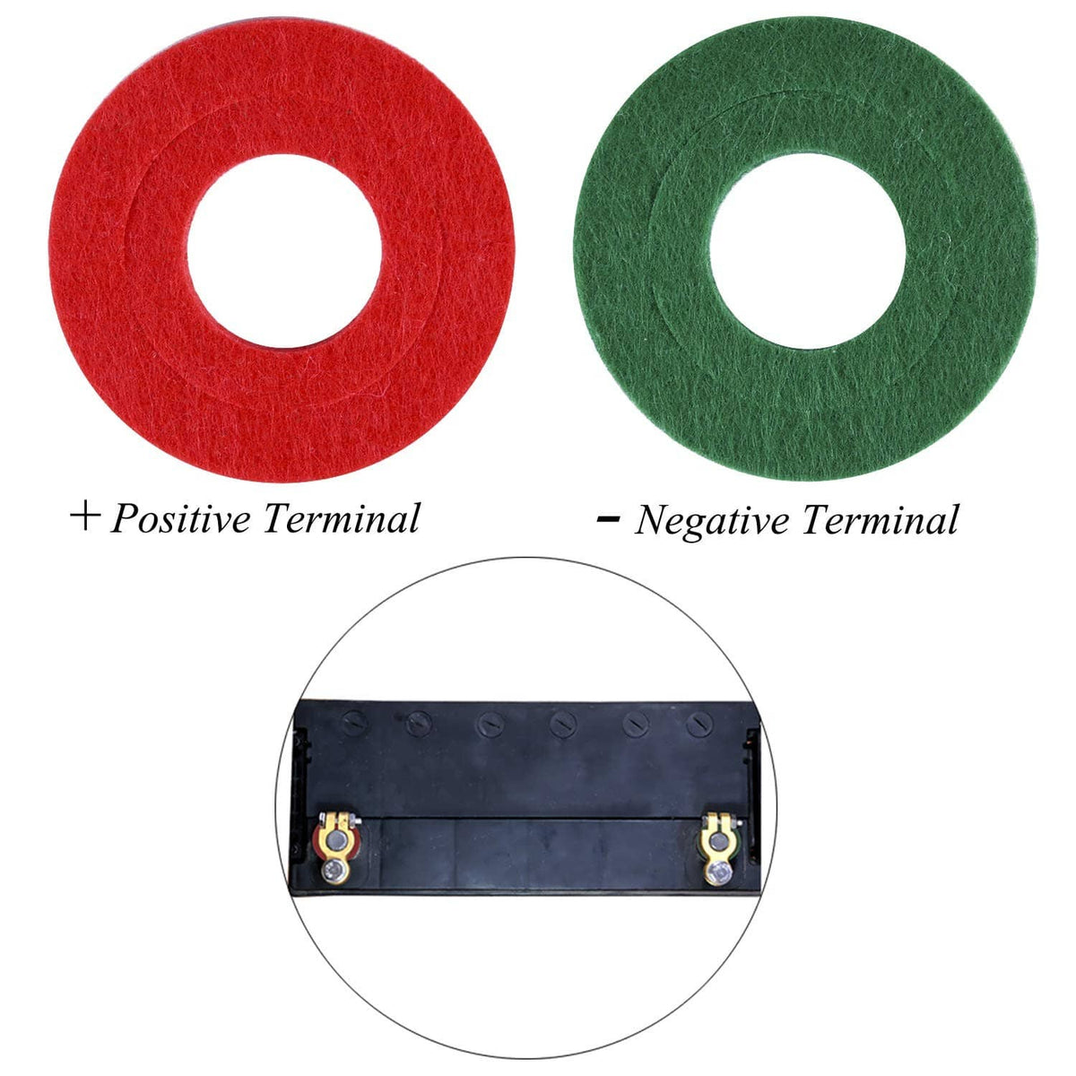 Red and green battery terminal anti-corrosion washers with center holes, plus terminal view.