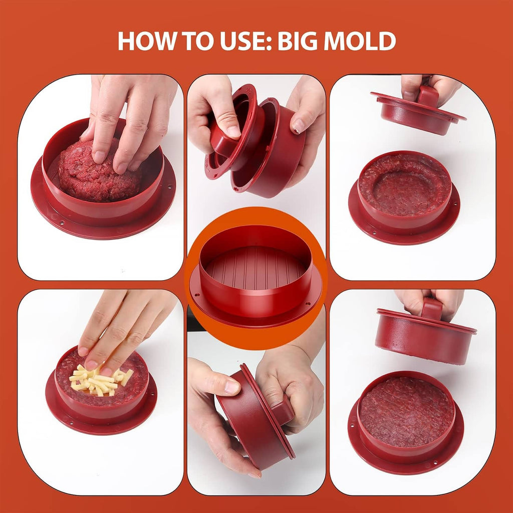 Red big burger press mold with raw patty in base and lid being placed