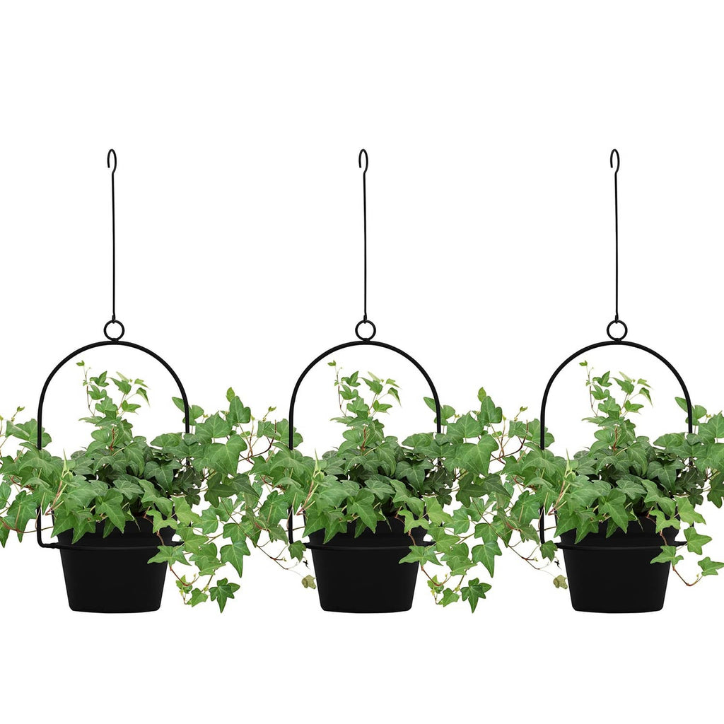 Black hanging plant pots set with three round pots and metal hooks, holding green plants
