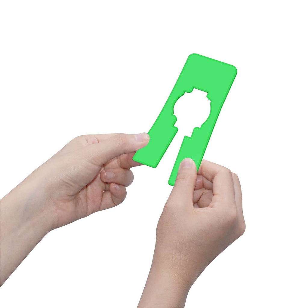 Green closet rack divider insert held by hands with rod cutout