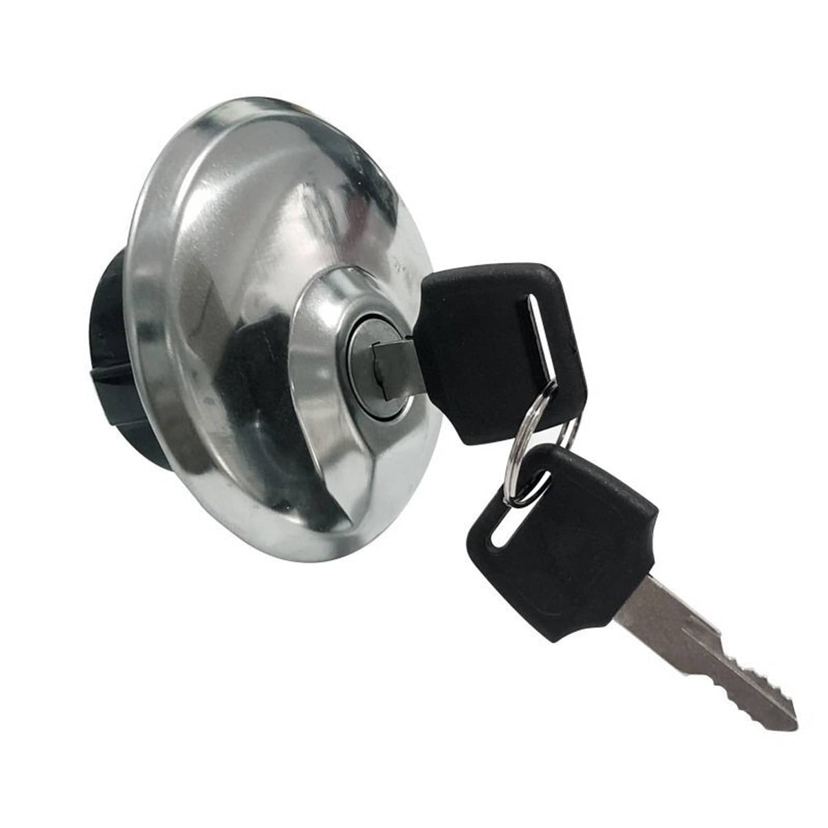 Chrome fuel gas cap with black housing and two keys