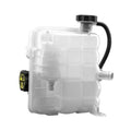 White radiator surge tank with black cap and corrugated hose, coolant reservoir