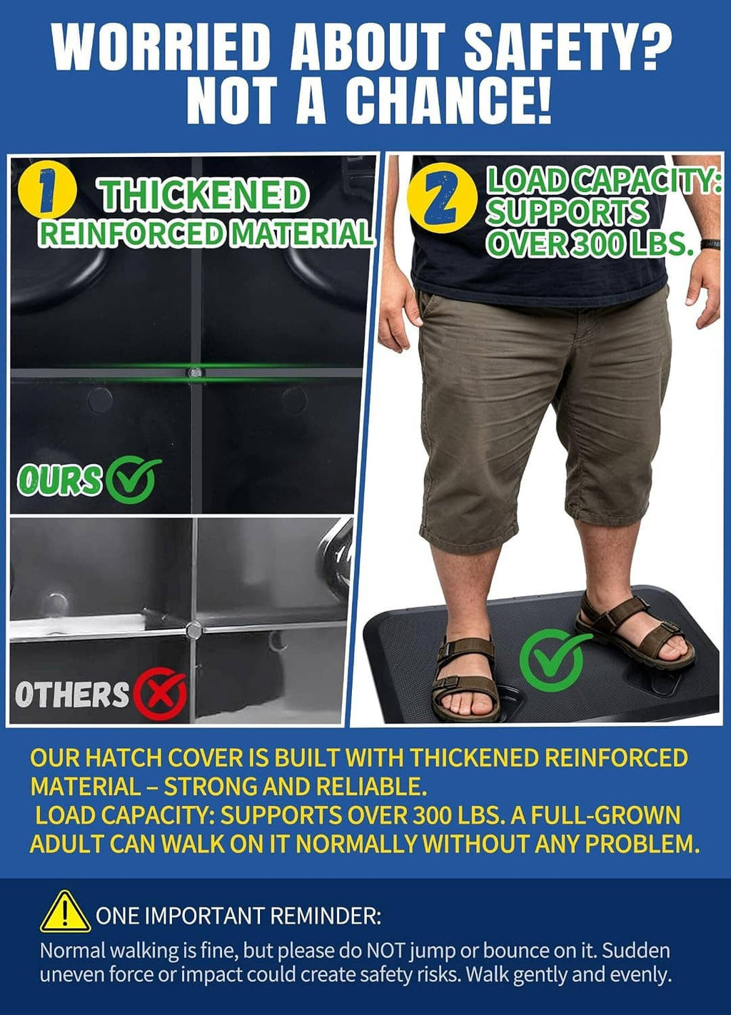 Black reinforced marine deck hatch cover with two recessed lifting handles