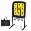 9-hole baseball pitching net with yellow numbered target grid and carry bag