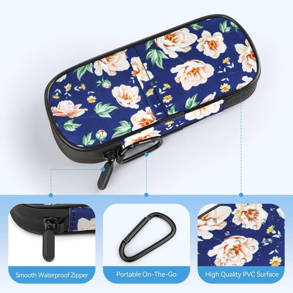 Floral navy insulin cooler case with roses print and curved zipper opening