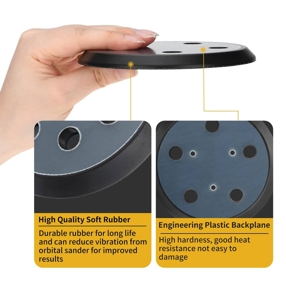 Replacement sanding pad layers: soft rubber for durability and engineering plastic backplate