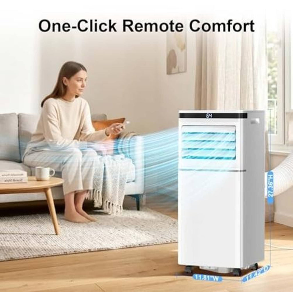 Portable air conditioner blowing cool air from top vent beside a bed