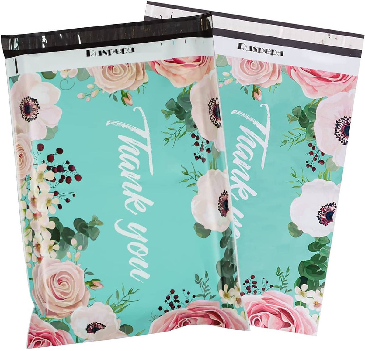 Turquoise floral poly mailer shipping bag with thank you script and white flowers