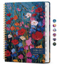 Floral academic planner cover with 2026–2027 text and gold spiral binding, dark blue