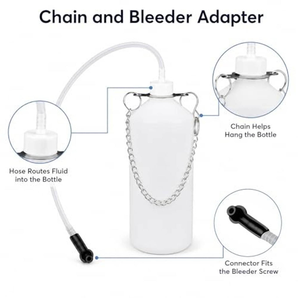 White brake bleeder bottle with chain, clear hose, and black connector adapter