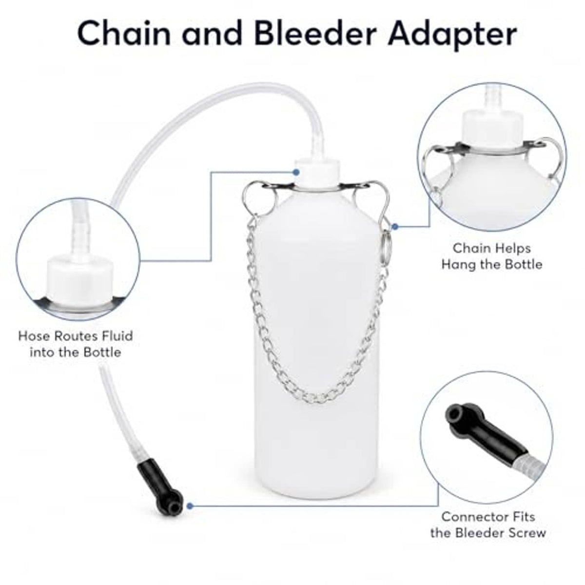 White brake bleeder bottle with chain, clear hose, and black connector adapter
