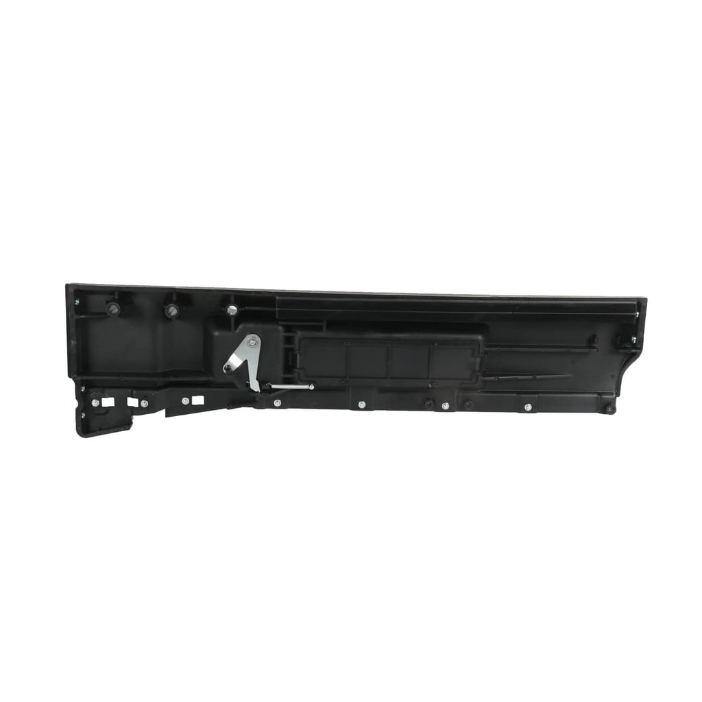 Black interior door handle trim panel underside with metal lever and mounting bracket holes