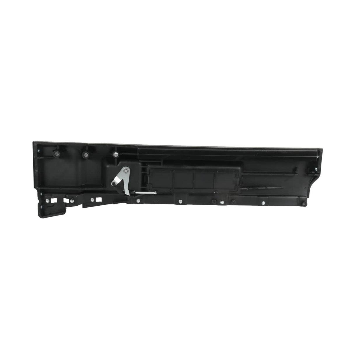 Black interior door handle trim panel underside with metal lever and mounting bracket holes