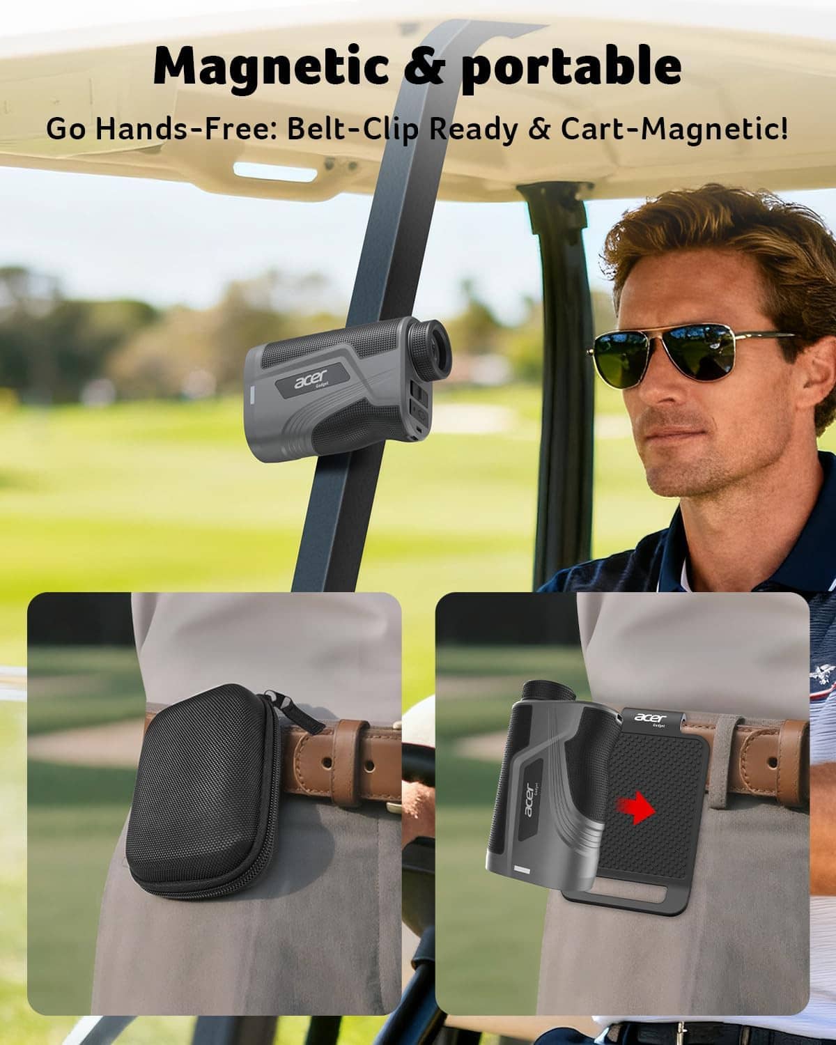 Rangefinder clipped to a belt with a protective pouch on an outdoor golf cart