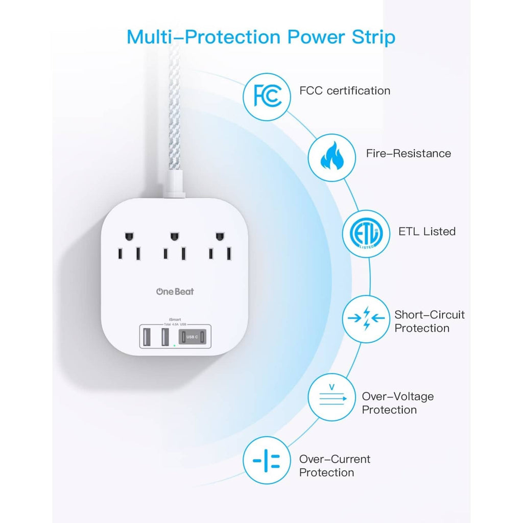 White power strip with three AC outlets and USB ports, multi-protection design